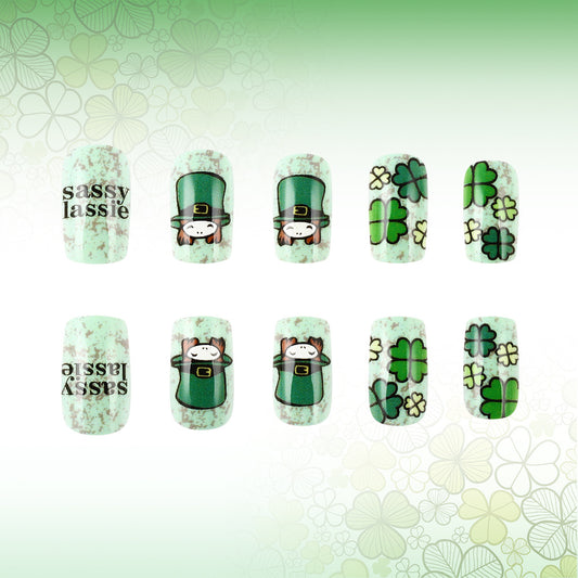 Lucky Charm Green Medium Square Press On Nail Set with Whimsical Leprechaun and Clover Designs