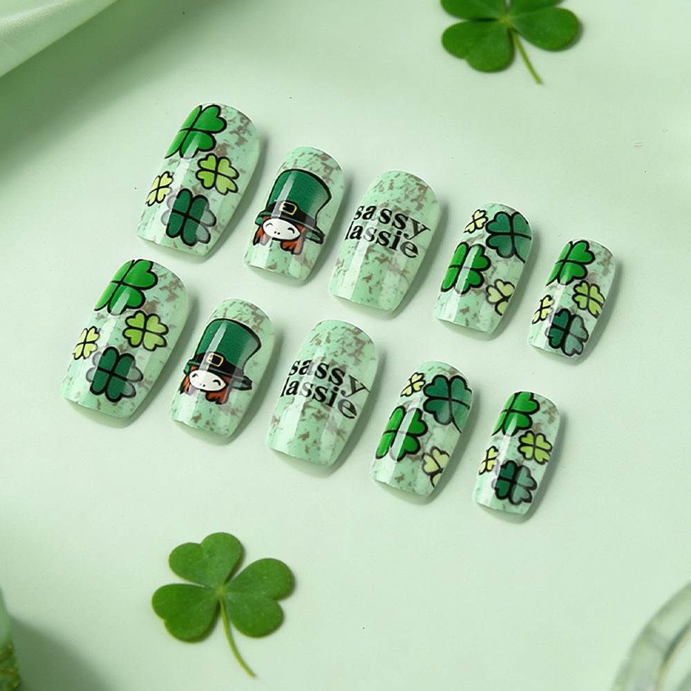 Lucky Charm Minty Green Medium Square Press On Nails with Playful Leprechaun Design