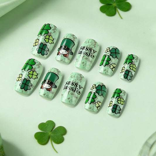 Lucky Charm Minty Green Medium Square Press On Nails with Playful Leprechaun Design