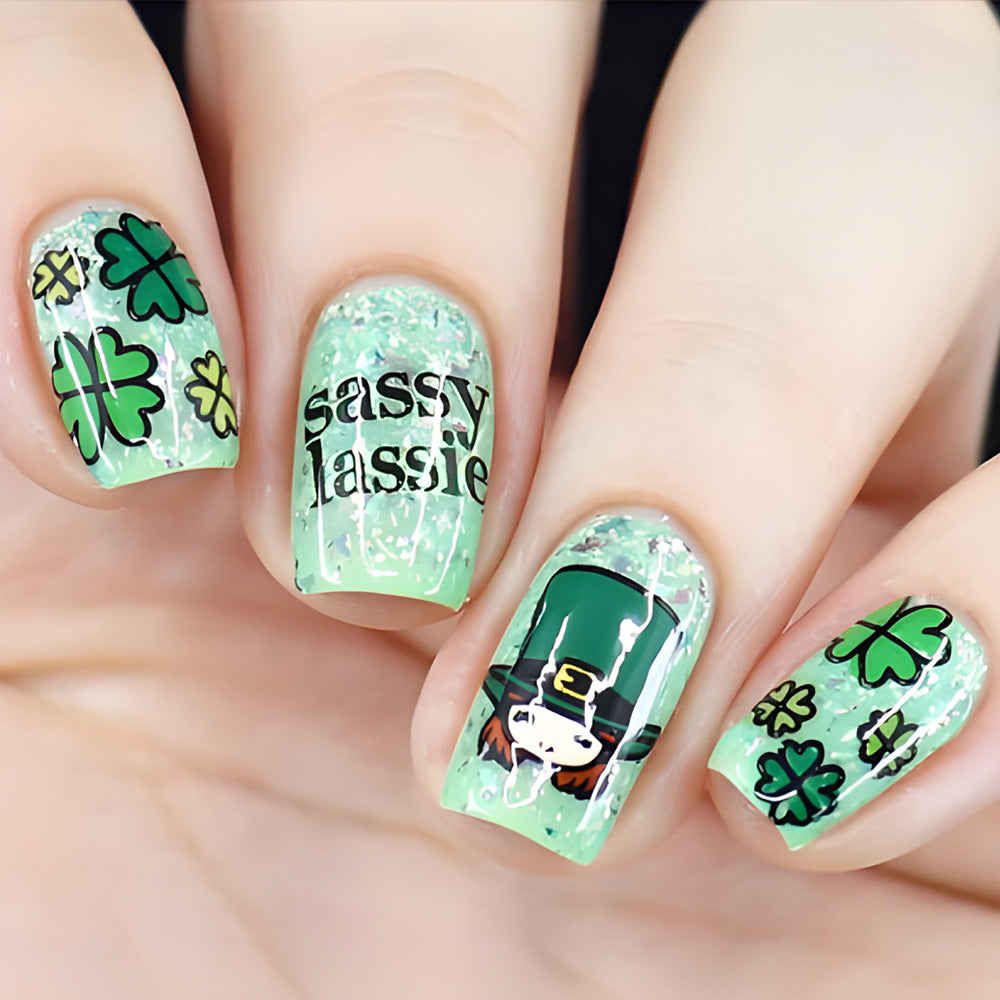 Lucky Charm Short Square Green Press On Nail Set with Glitter and Fun Shamrock Design