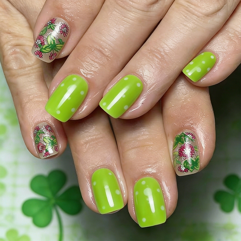 Emerald Garden Medium Square Full Coverage Neon Green Press on Nail Set with Floral Art Design