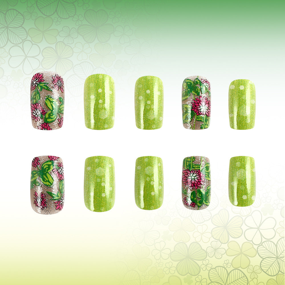 Nature's Garden Medium Square Glittery Green Floral Press-On Nail Set