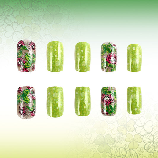 Nature's Garden Medium Square Glittery Green Floral Press-On Nail Set