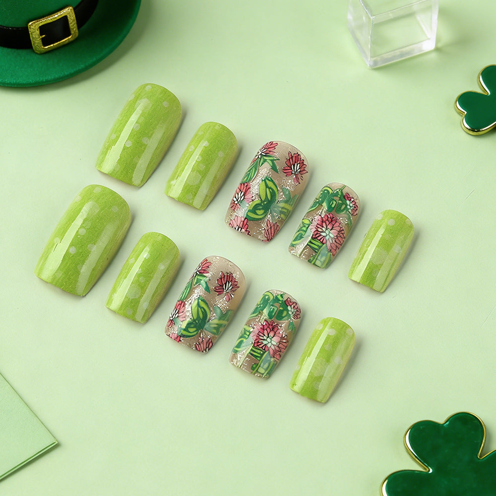 Lucky Charm Vibrant Medium Square Green Floral Press-On Nail Set with Glossy Finish