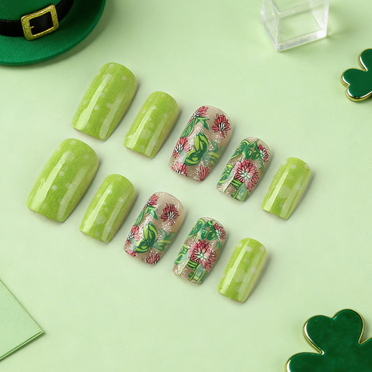 Lucky Charm Vibrant Medium Square Green Floral Press-On Nail Set with Glossy Finish