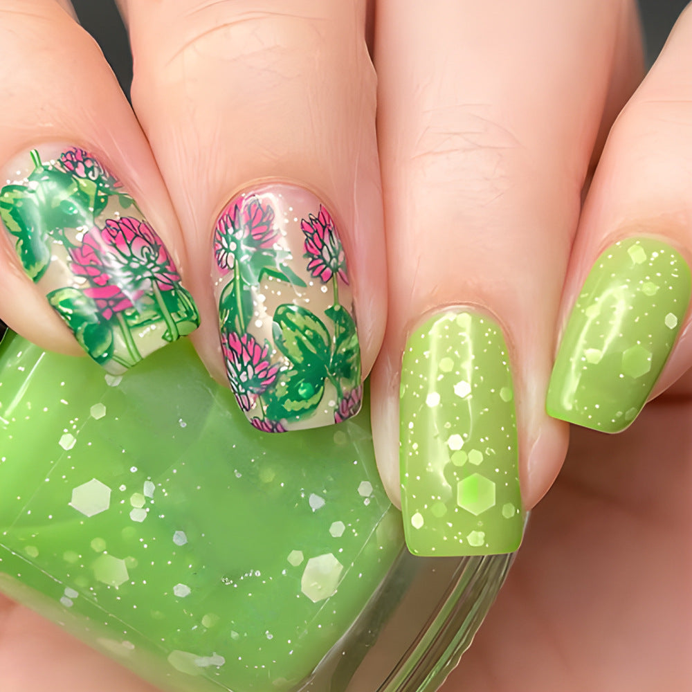 Garden Bliss Medium Square Green Floral Press On Nail Set with Glitter Accents