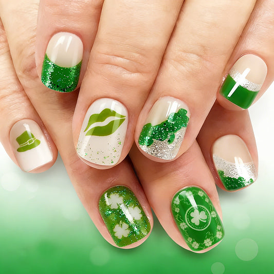 Lucky Leprechaun Short Square Green Sparkle Press-On Nail Set with Glitter and Fun Shamrock Designs