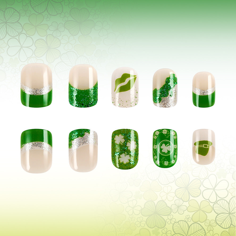 Lucky Charm Collection Short Square Green Glittery Nail Press Set with Unique Leaf Motif