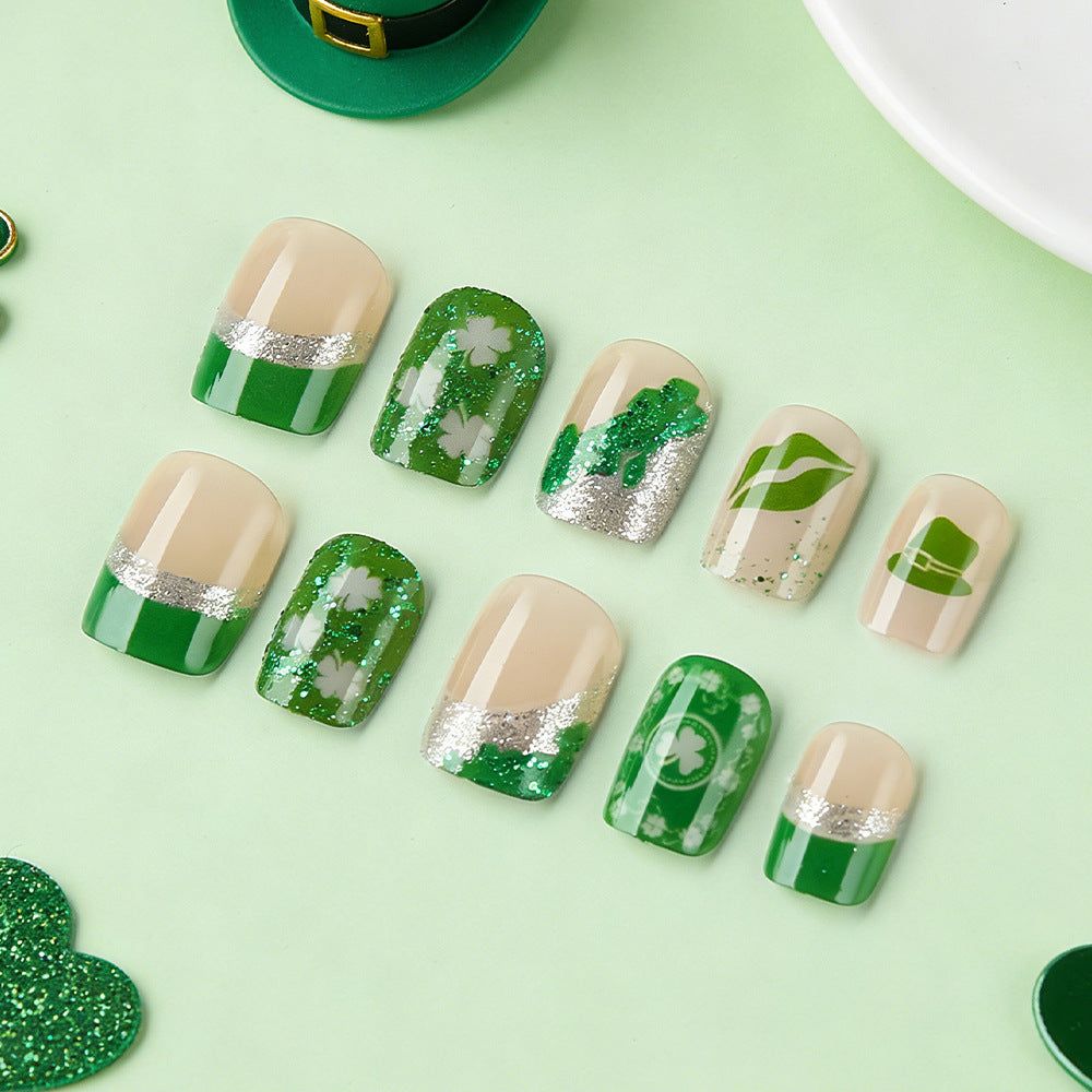 St. Patrick's Day Charm Short Square Green Nails with Glitter and Shamrock Designs