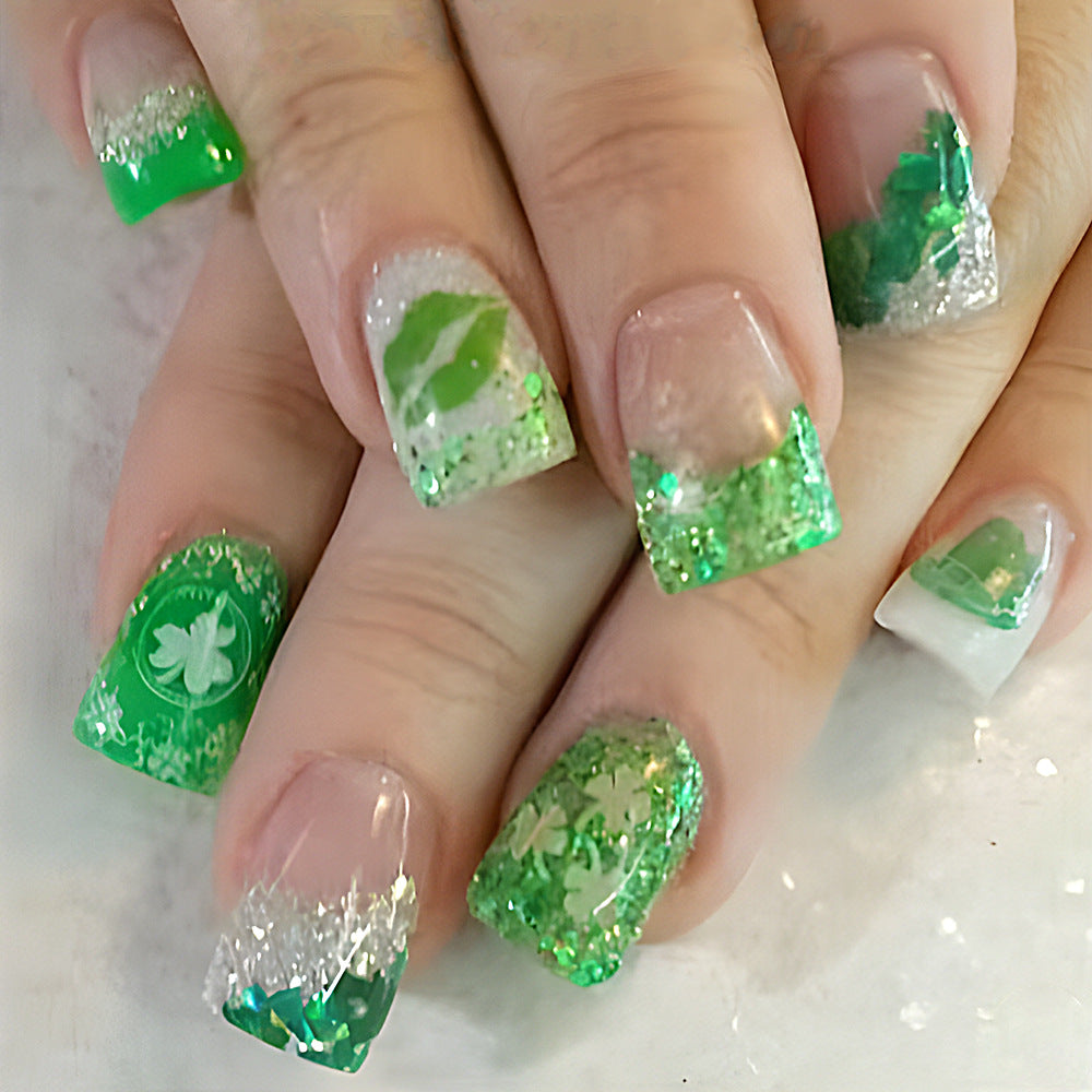 Emerald Whisper Short Square Green Glitter Press-On Nail Set with Leafy Designs