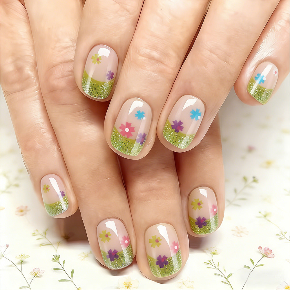 Blooming Garden Short Square Pastel Pink and Green Glitter Floral Press On Nail Set