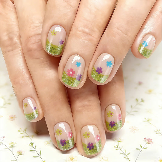 Blooming Garden Short Square Pastel Pink and Green Glitter Floral Press On Nail Set
