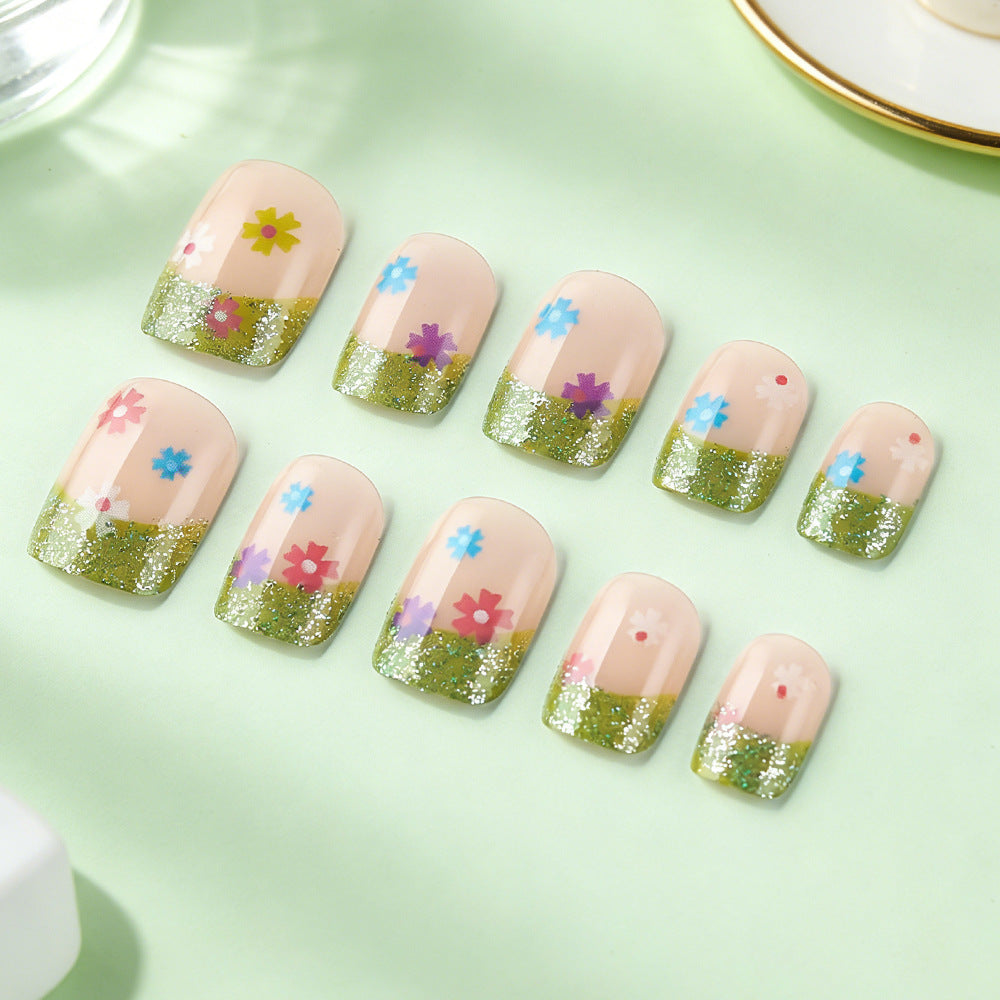 Blossom Delight Short Square Green Glitter Floral Press on Nail Set
