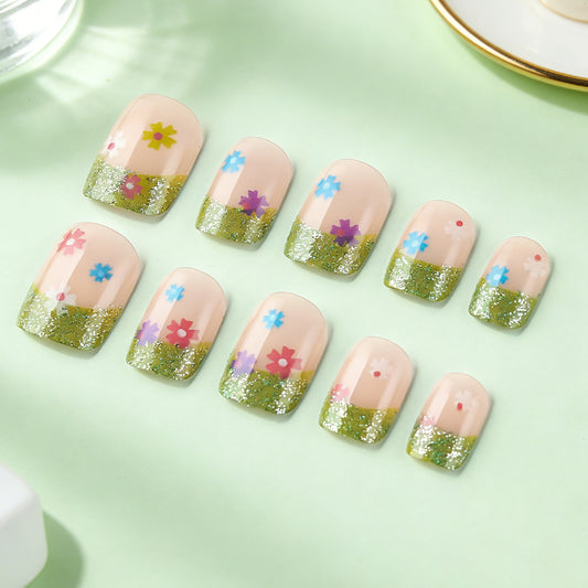 Blossom Delight Short Square Green Glitter Floral Press on Nail Set