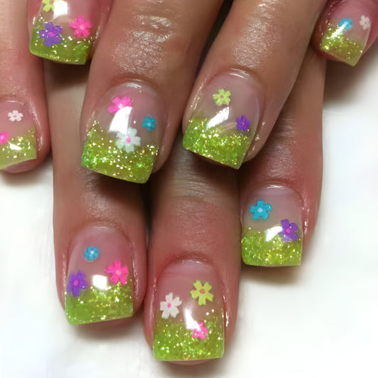 Spring Meadow Inspired Short Square Glittering Green Press on Nail Set with Colorful Floral Accents