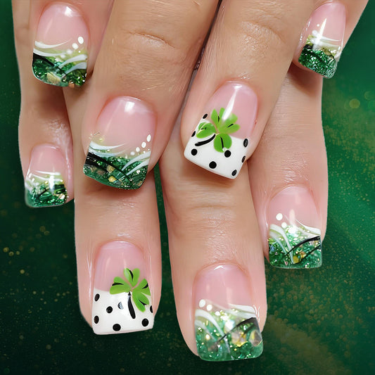Emerald Dream Short Square Pastel Green Glossy Press On Nail Set with Charmingly Decorated Tips