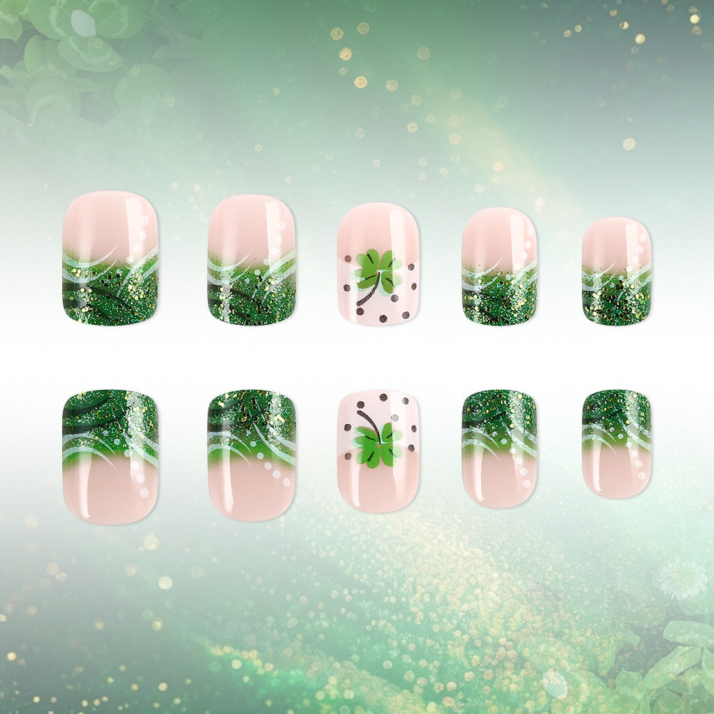 Lucky Charm Inspired Glossy Short Square Emerald Green Gradient Nail Set with Glittering Shamrock Accents