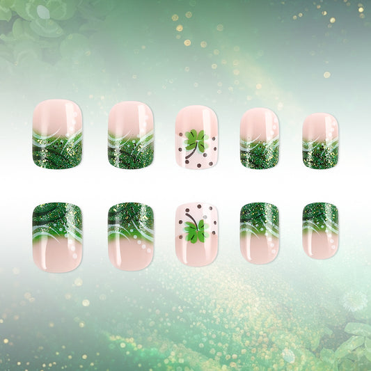 Lucky Charm Inspired Glossy Short Square Emerald Green Gradient Nail Set with Glittering Shamrock Accents