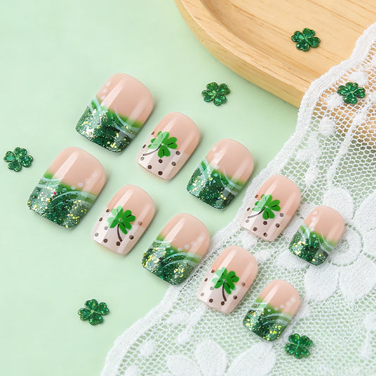 Luck of the Irish Glamour Short Square Green Glitter Press-On Nail Set with Shamrock Design