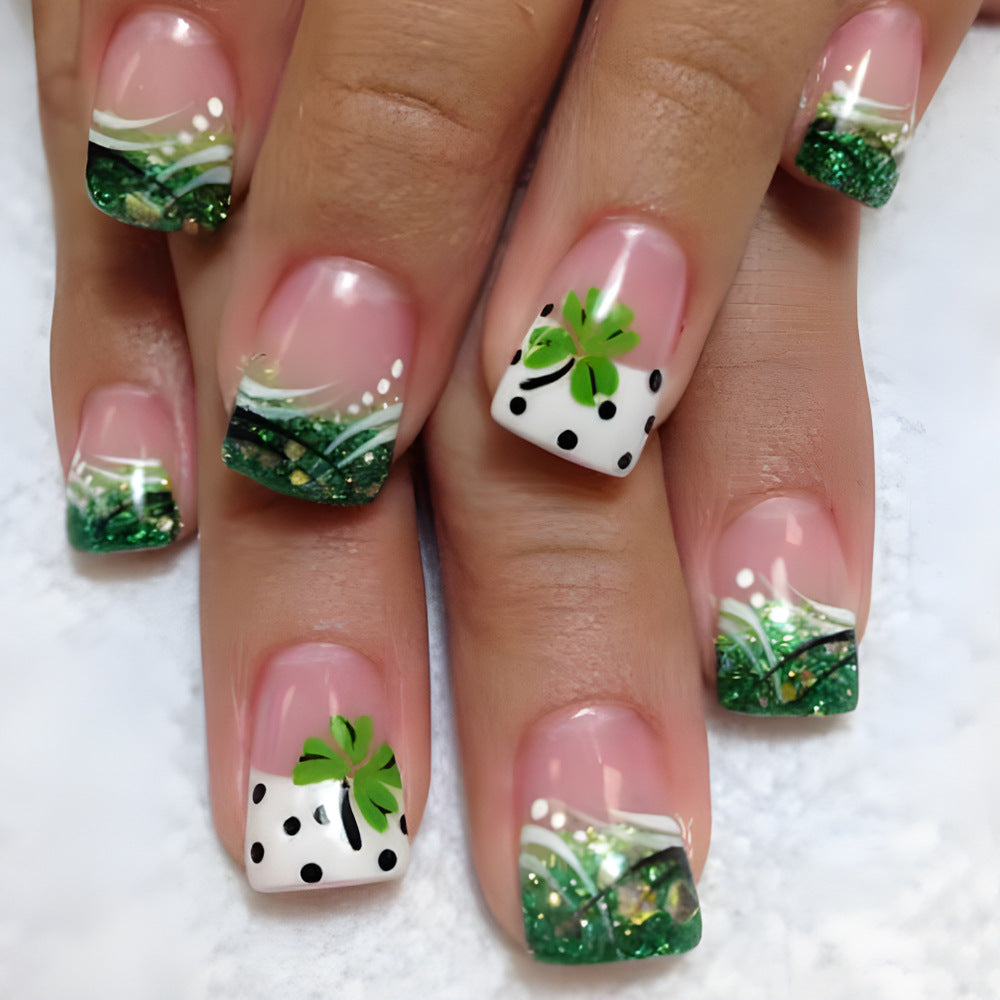 Festive Green Clover Short Square Press-On Nail Set with Sparkling Glitter Finish