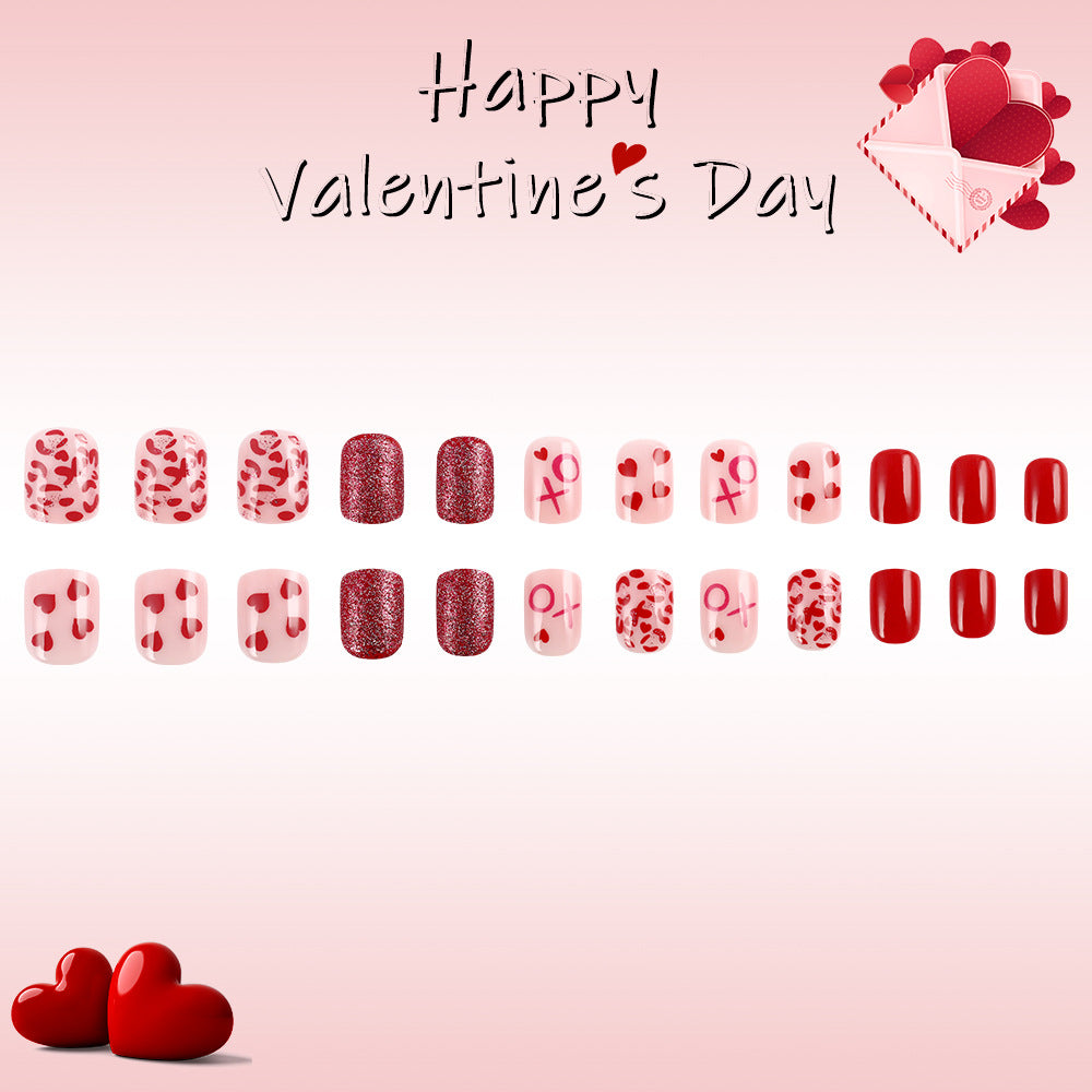 Romantic Heartbeat Short Square Red and Pink Press On Nail Set with Glitter and Heart Designs for Valentine's Day