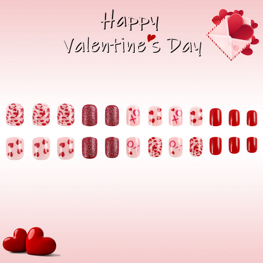 Romantic Heartbeat Short Square Red and Pink Press On Nail Set with Glitter and Heart Designs for Valentine's Day