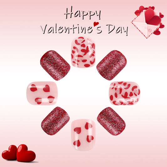 Love Inspired Short Square Red and Pink Nail Set with Romantic Heart Patterns and Sparkling Glitter