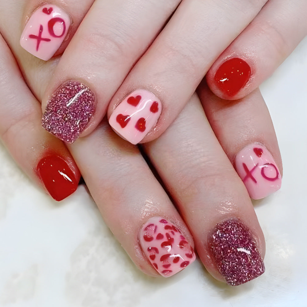 Romantic Love Vibes Square Short Red Pink Glittery Heart Press On Nail Set