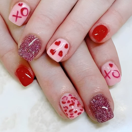 Romantic Love Vibes Square Short Red Pink Glittery Heart Press On Nail Set