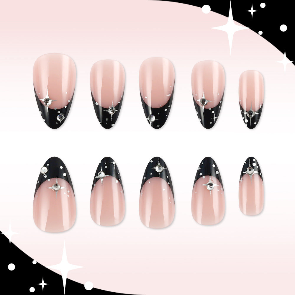Celestial Glamour Medium Almond Pink and Black Press On Nail Set with Sparkling Accents