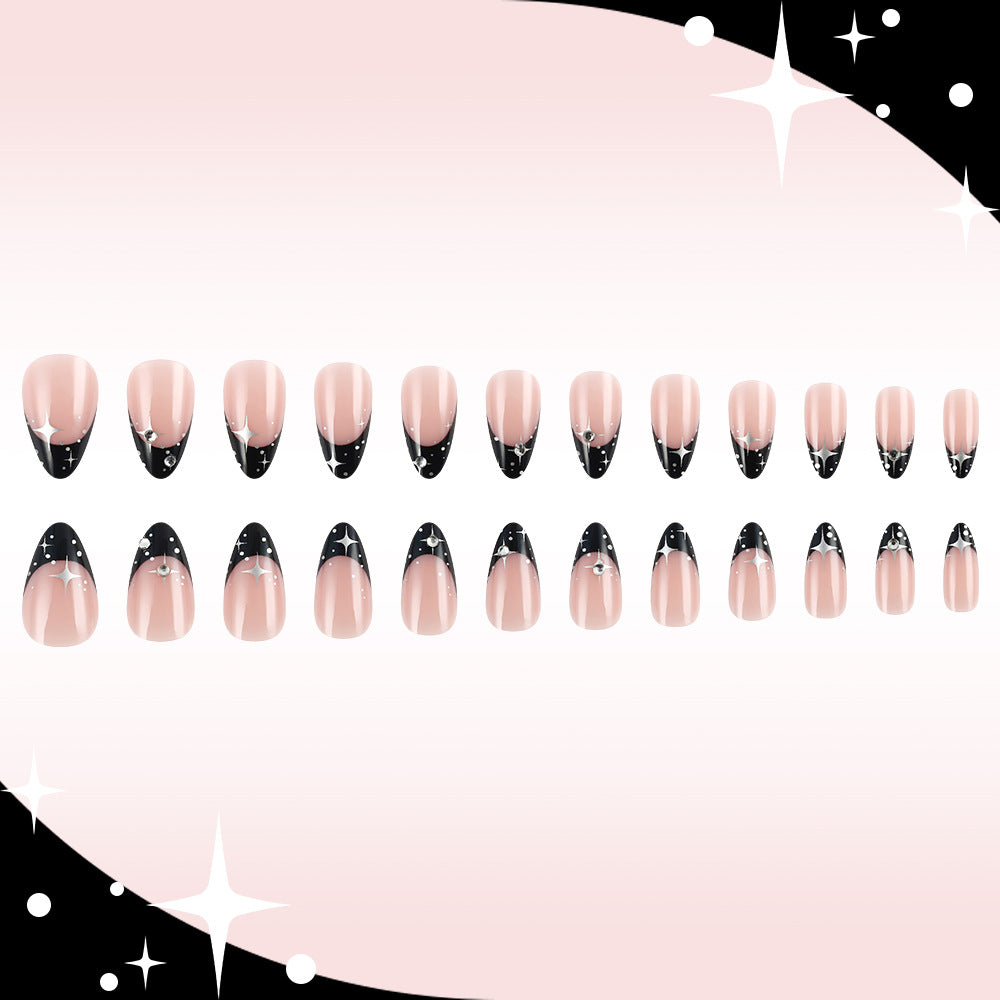 Celestial Elegance Short Almond Pink and Black Press On Nail Set with Glitter Accent