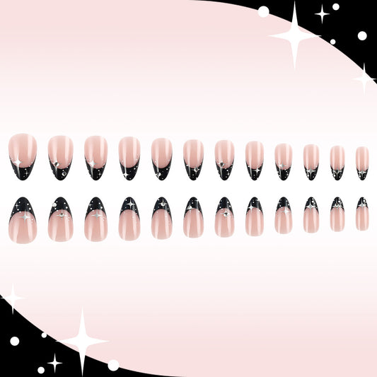 Celestial Elegance Short Almond Pink and Black Press On Nail Set with Glitter Accent
