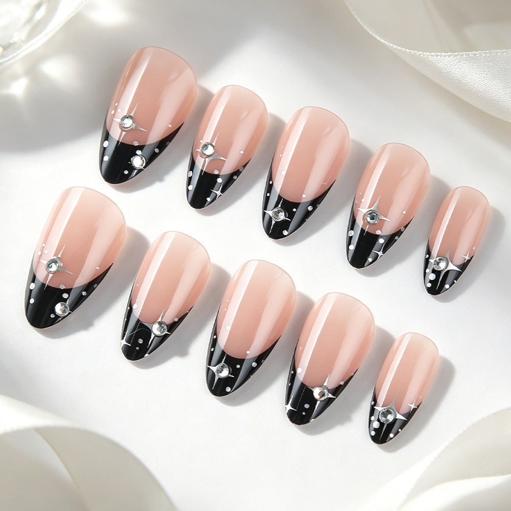 Elegant Night Sky Medium Almond Blush and Black Press-On Nail Set with Gem Accents
