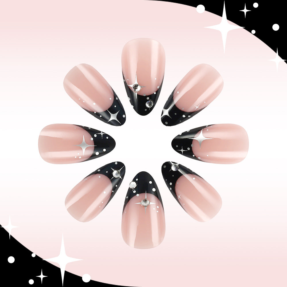 Celestial Elegance Short Almond Pink and Black Dual Tone with Sparkling Bead Accents Press On Nail Set