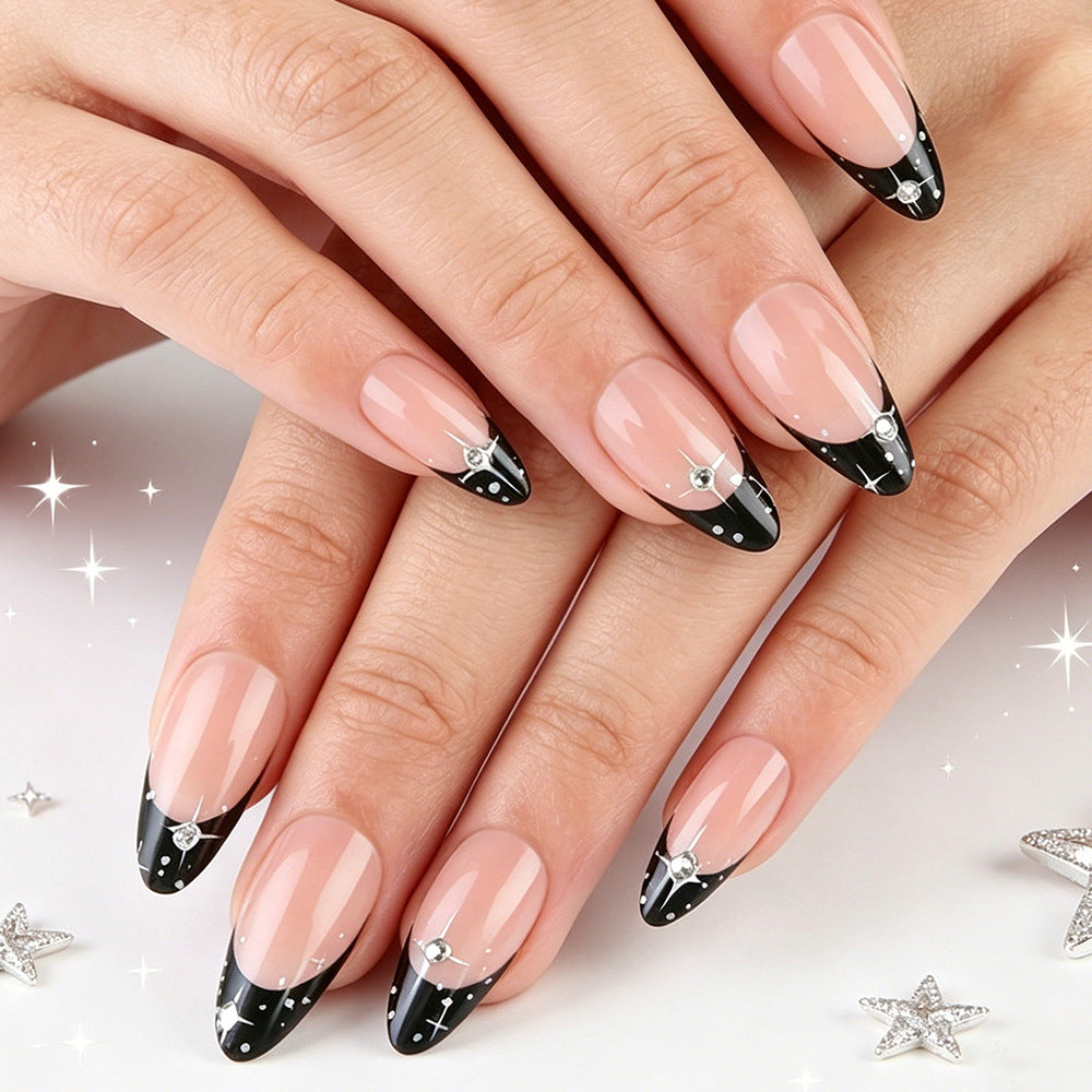 Celestial Glamour Medium Almond Black Tip Press On Nail Set with Sparkling Gems