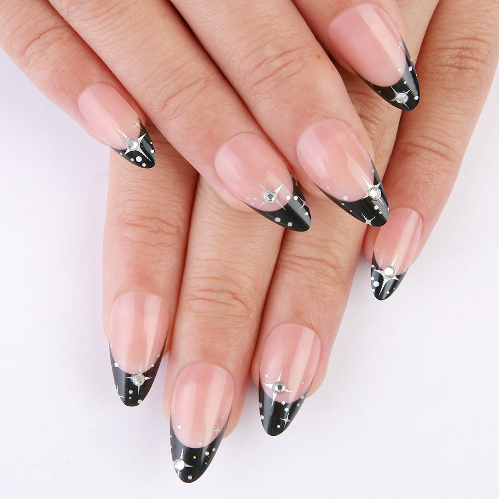 Celestial Elegance Short Almond Black and Clear Press On Nail Set with Sparkling Gem Accents