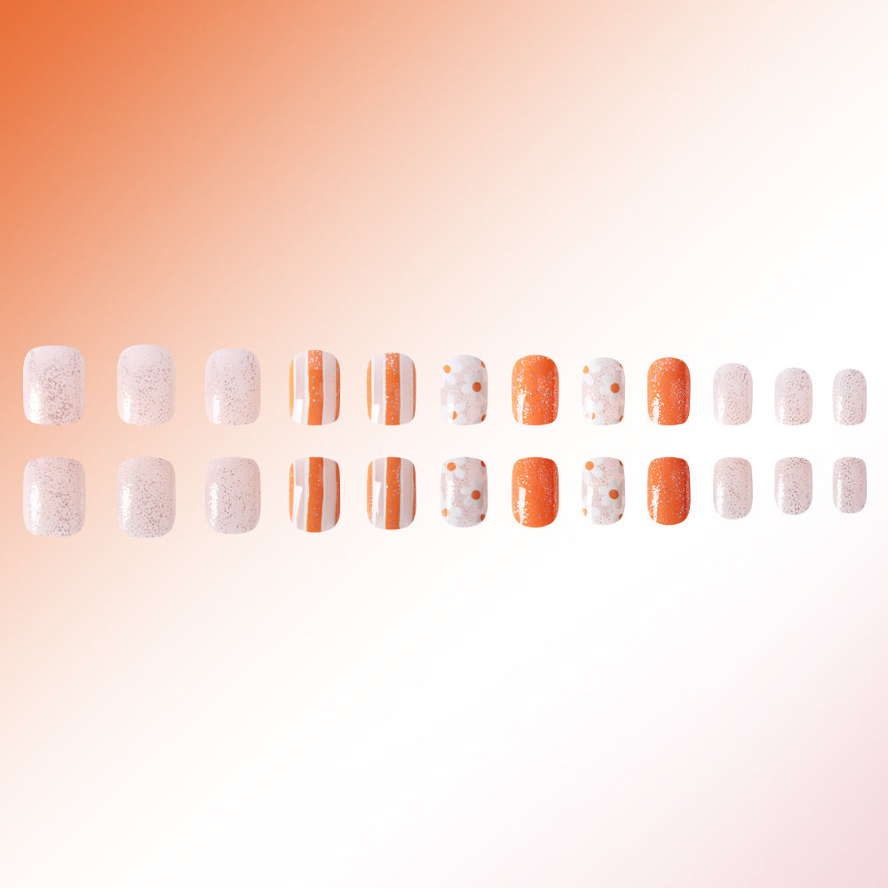 Citrus Breeze Short Square Press On Nail Set in Orange and White with Glitter and Dots