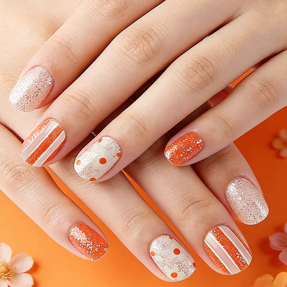 Autumn Bliss Medium Squoval Orange with Sparkling Glitter and Fun Dots Nail Set