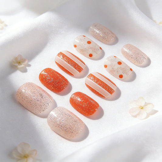 Radiant Sunset Short Squoval Orange Glittery Press-On Nail Set