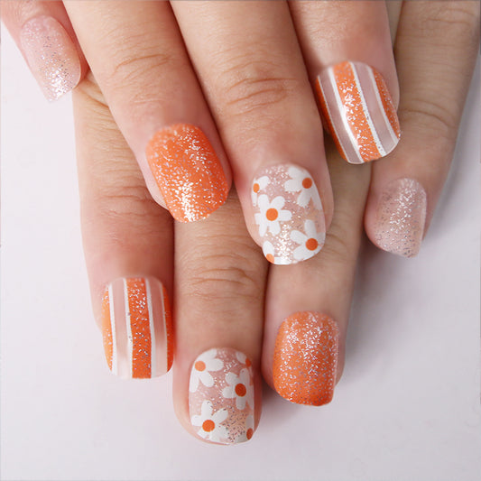 Sunshine Floral Delight Short Squoval Orange and Glitter Press-On Nail Set with Charming Daisy Accents
