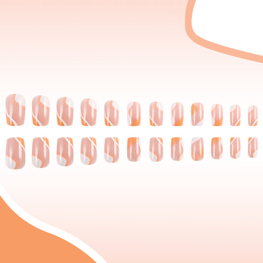 Tropical Bliss Long Square Peach Press-On Nail Set with Swirl Pattern