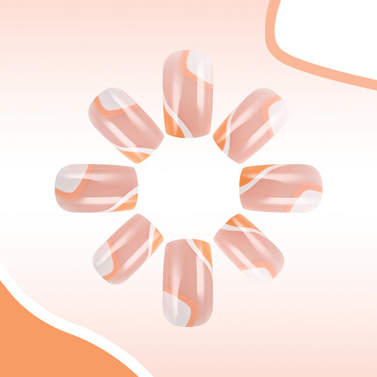 Chic Sunset Inspired Long Square Coral Pastel Press On Nail Set with Unique Swirl Design