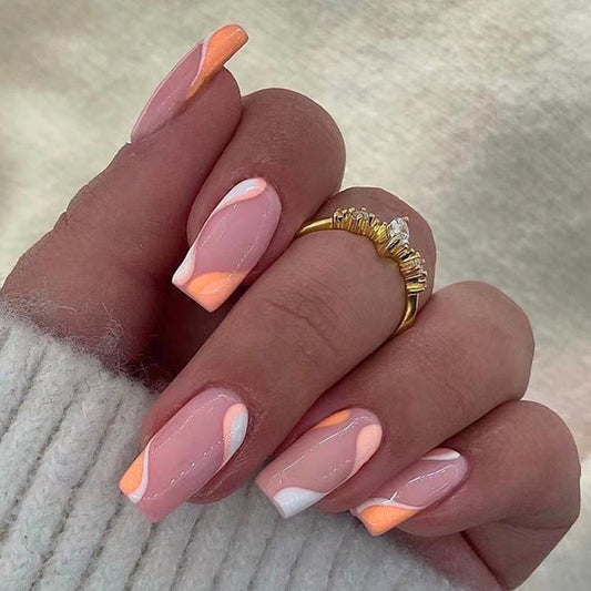 Tropical Vibes Long Square Peach and White Marbled Press-On Nail Set with Glossy Finish