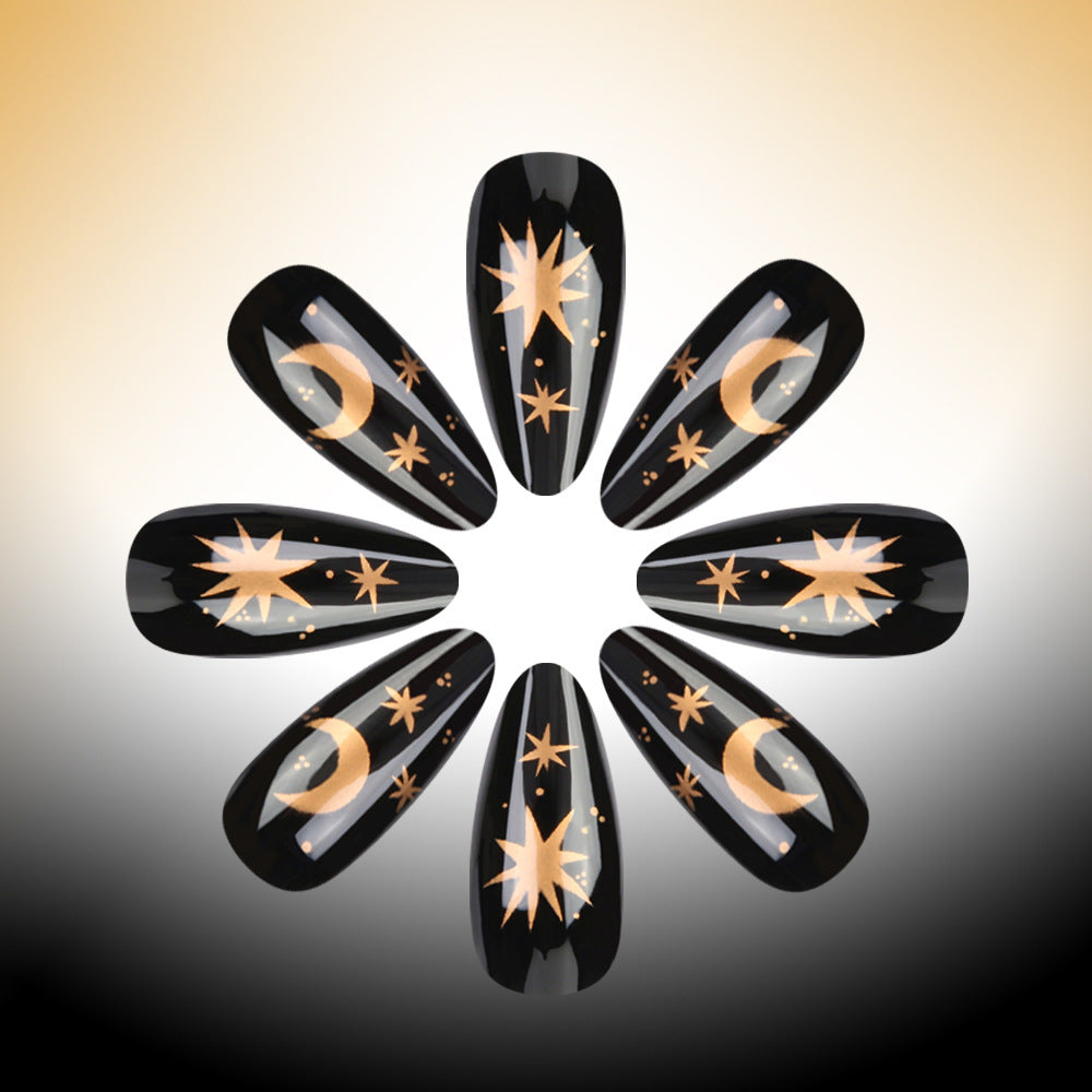 Celestial Dream Black Medium Almond Press On Nail Set with Shimmering Star and Moon Designs