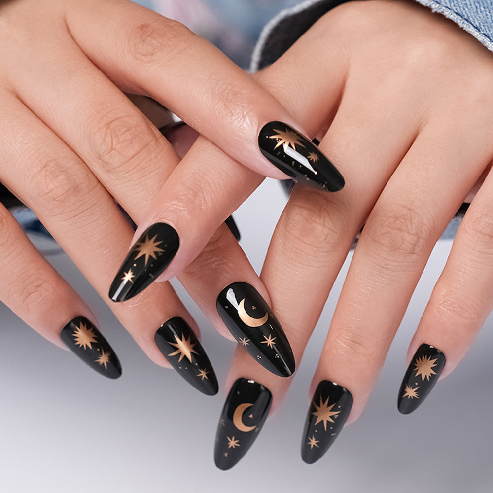Celestial Glamour Long Almond Black Press-On Nail Set with Gold Moon and Star Designs