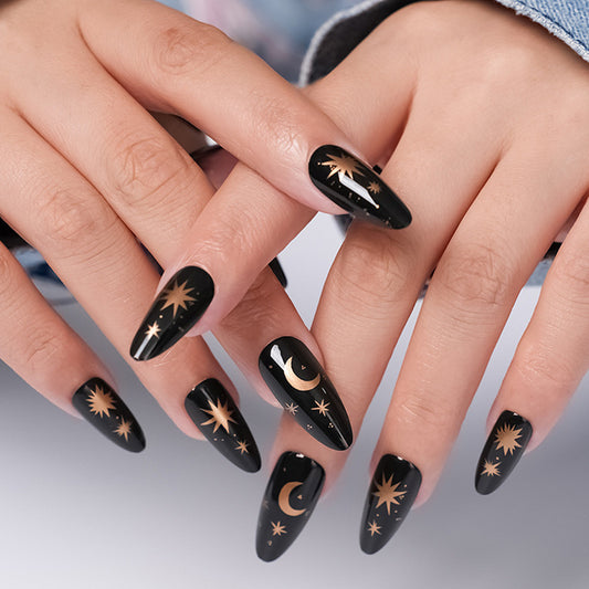 Celestial Glamour Long Almond Black Press-On Nail Set with Gold Moon and Star Designs