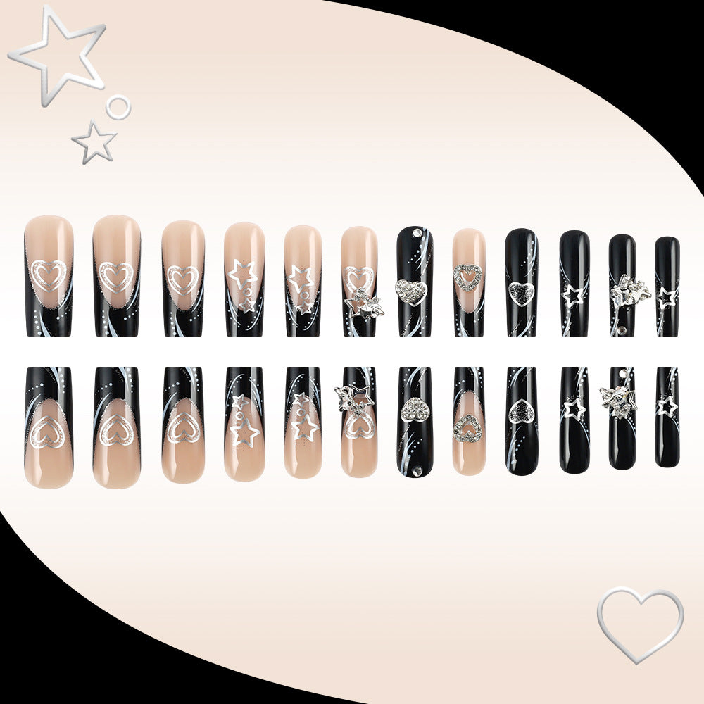 Celestial Glamour Long Square Coffin Nails in Black and Beige with Dazzling Heart and Star Accents