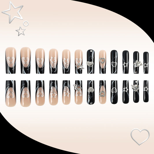 Celestial Glamour Long Square Coffin Nails in Black and Beige with Dazzling Heart and Star Accents