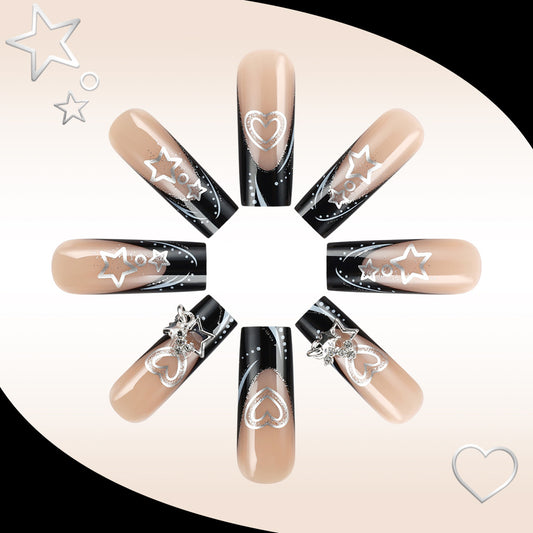 Celestial Glamour Long Square Beige and Black Nail Press Set with Shimmering Star and Heart Accents