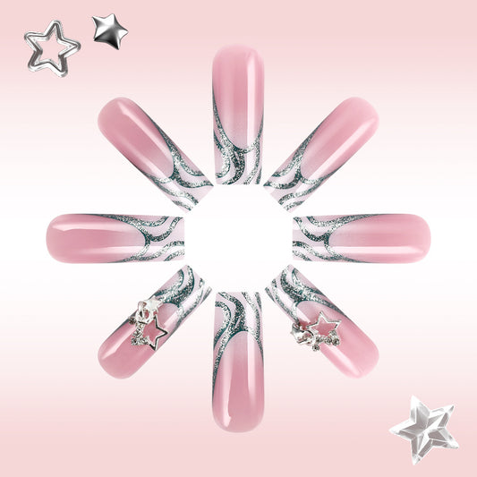 Celestial Chic Long Square Pink Press-On Nail Set with Sparkling Silver Accents